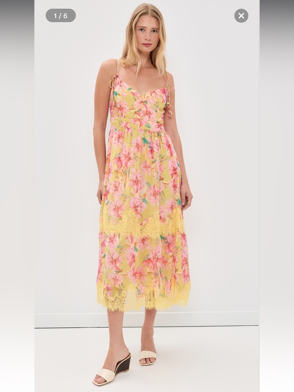 en saison eva yellow & pink floral lace trim midi summer sun dress size small
